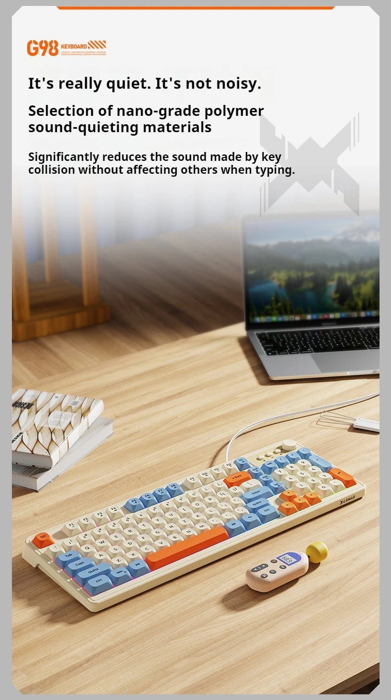 Teclado de escritório gaming EWEADN G98, membrana com retroiluminação arco-íris, USB com fio, externo e silencioso, teclado numérico, design digital