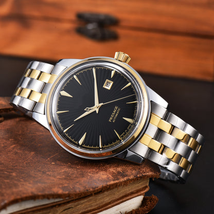 Luxury Retro Men's Self-Winding Automatic Mechanical Watch Radial Sunburst Textured Dial Single Calendar Date Window Polished Stainless Steel Link Bracelet Waterproof Business Dress Male Watch Silver Gold Two Tone Options