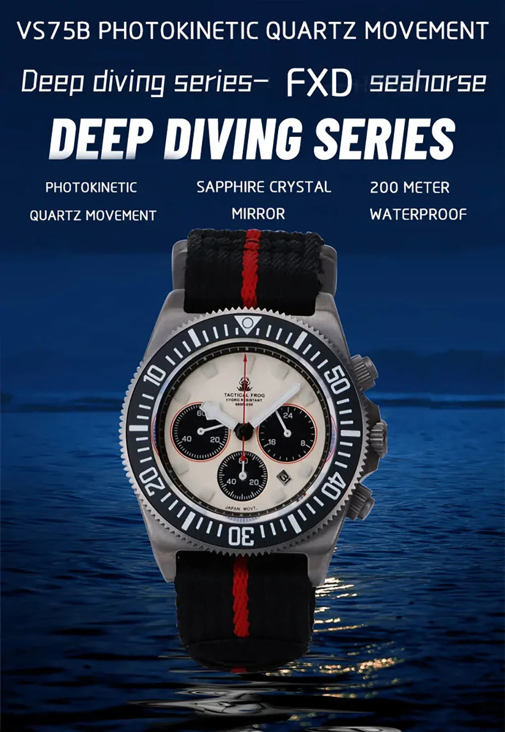 Tactical Frog FXD Titanium Quartz Watch VS75B Solar-powered Movement 20Bar Chronograph Sapphire Diving Watch BGW9 Luminous Watch