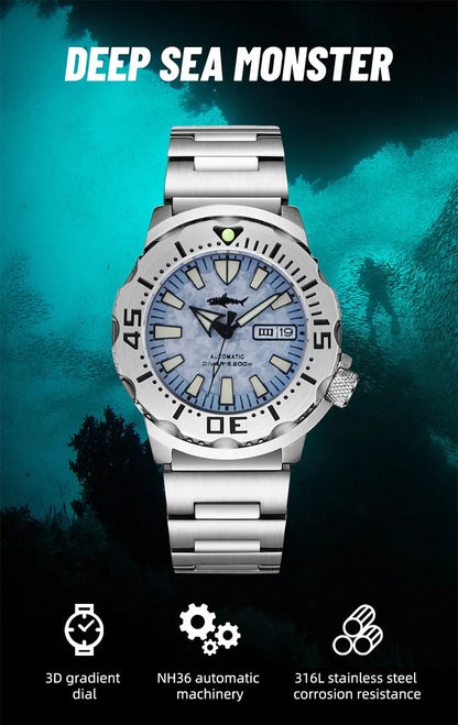 HEIMDALLR V2 Monster Men's Automatic Diver Watch Sapphire Crystal 20Bar Waterproof NH36A Snowflake Blue Dial Mechanical Watches