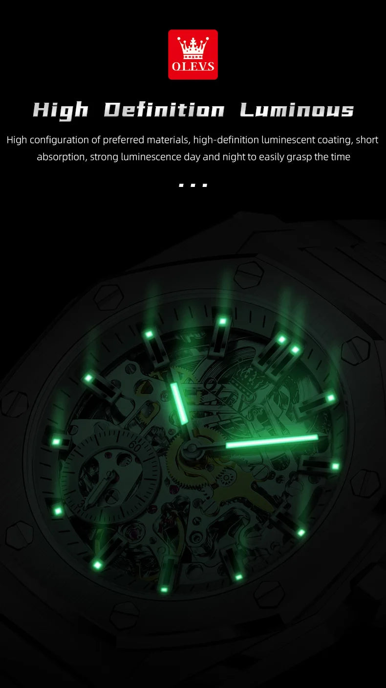 OLEVS Watches Luxury Man High Quality Original Fully Skeleton Automatic Mechanical Watch Stainless Steel Men Watches Gifts Box