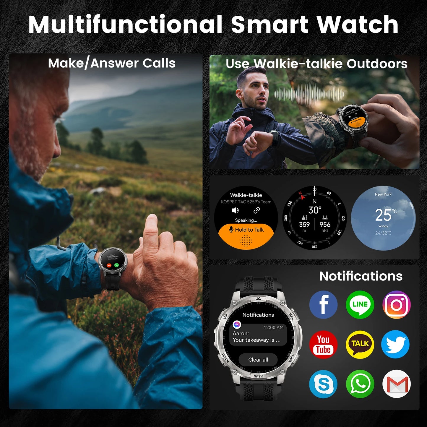 KOSPET TANK T4C Smartwatch Men's Outdoor GPS Watch with Bright LED Flashlight 5ATM Water-Resistant for Swimming Military Tough