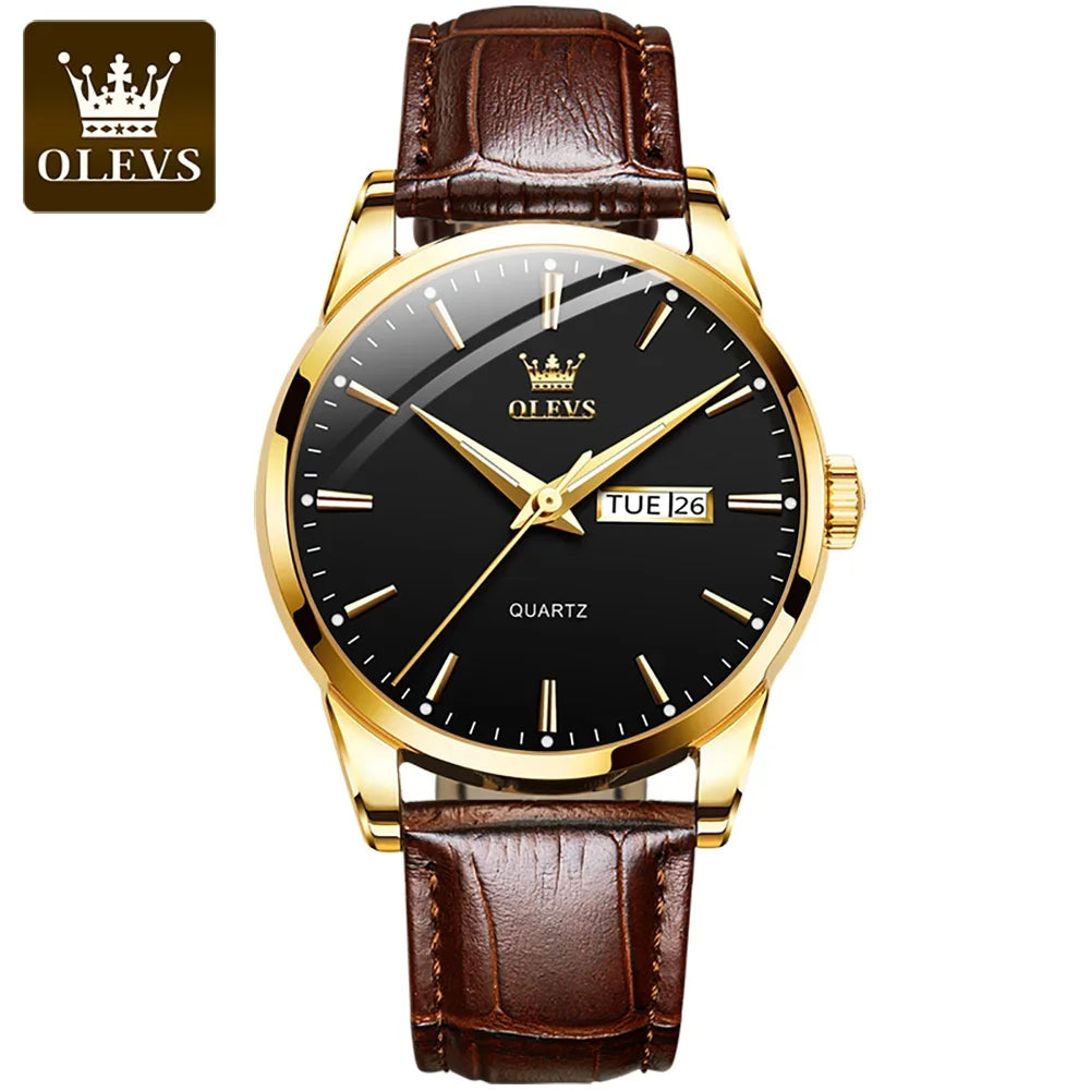 OLEVS kvartsarmbandsur för män – Lyxig och elegant stil, läderarmband, datum- och veckodagsvisning, vattentätt, perfekt för arbetet