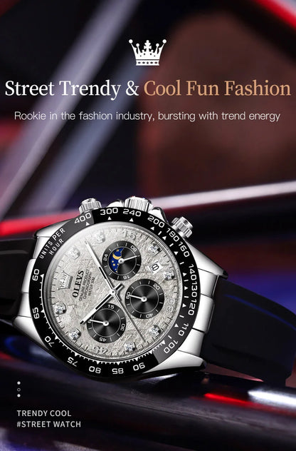OLEVS 2875 Quartz Watch for Men Original Luxury Brand Silicone Strap Chronograph Auto Date Waterproof Moon Phase Sport Man Watch