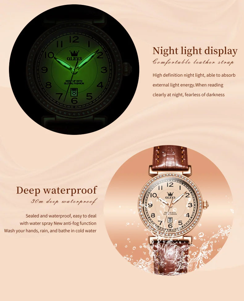 OLEVS 2025 New Fashion Womens Watches Top Brand Luxury Leather Strap Waterproof Calendar Diamond  Quartz Watch Relogio Feminino