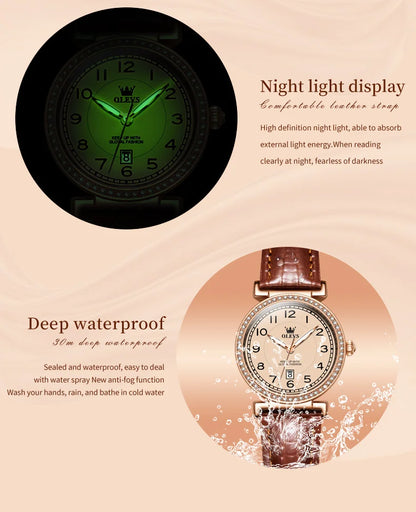 OLEVS 2025 New Fashion Womens Watches Top Brand Luxury Leather Strap Waterproof Calendar Diamond  Quartz Watch Relogio Feminino