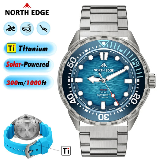 NORTH EDGE TRITON-TI Titanium Stainless Solar-Powered Diving Watch Luxury Quartz Watches For Men 300M Waterproof 180+ Day Power