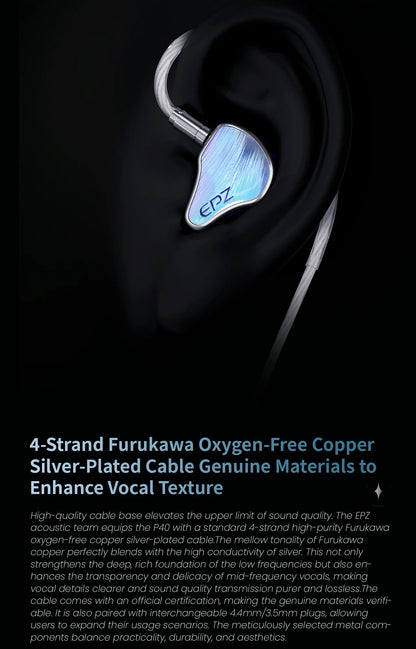 EPZ P40 PZT Ceramic In-Ear Hi-Fi Monitoring Headphones 2DD+1Planar Hybrid Drivers 3.5/4.4 Replaceable Copper Silver-Plated Cable