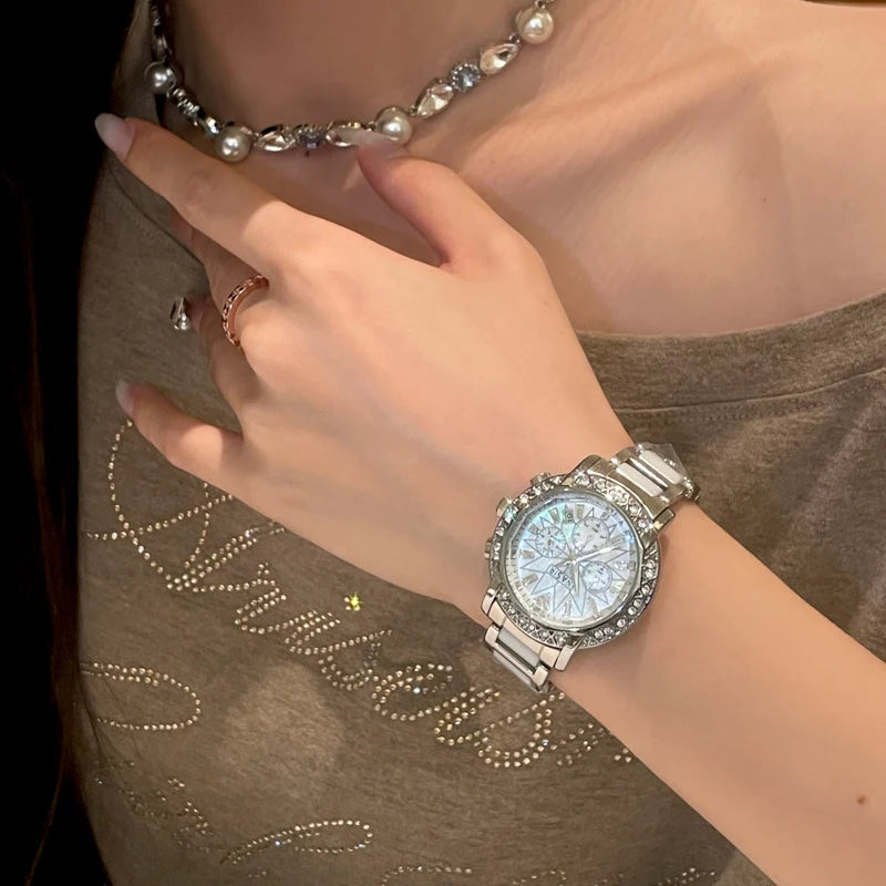 CILOA Women's Chronograph Watch Diamond Bezel White Ceramic & Stainless Steel Band Luxury Fashion Quartz Wristwatch
