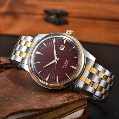 Luxury Retro Men's Self-Winding Automatic Mechanical Watch Radial Sunburst Textured Dial Single Calendar Date Window Polished Stainless Steel Link Bracelet Waterproof Business Dress Male Watch Silver Gold Two Tone Options
