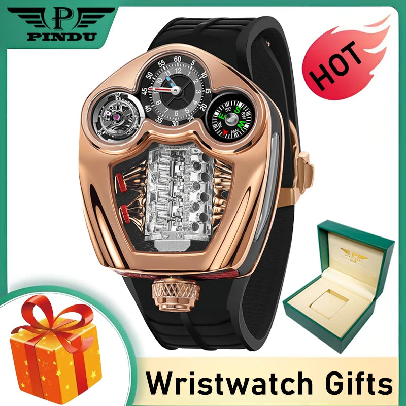 PINDU Design Engine Watches Men Top Brand Luxury Watch Compass Waterproof Quartz Wristwatch Festival Limited Watch + Gift Box