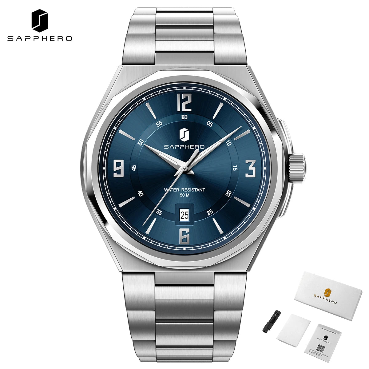 SAPPHERO Luxury Men's Watches Date Display Stainless Steel Watch Strap Men's Gifts Travel Essentials Waterproof Wristwatch