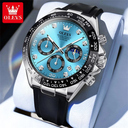 OLEVS 2875 Quartz Watch for Men Original Luxury Brand Silicone Strap Chronograph Auto Date Waterproof Moon Phase Sport Man Watch
