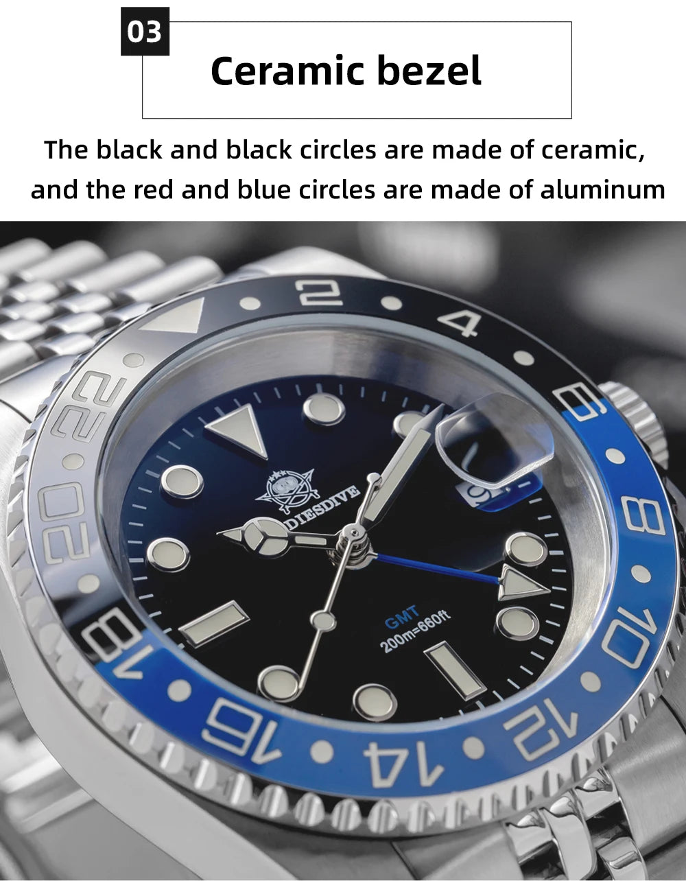 ADDIESDIVE Watch For Men Quartz GMT 20Bar Waterproof BGW9 Super Luminous 316L Stainless Steel Ceramic Bezel Watch