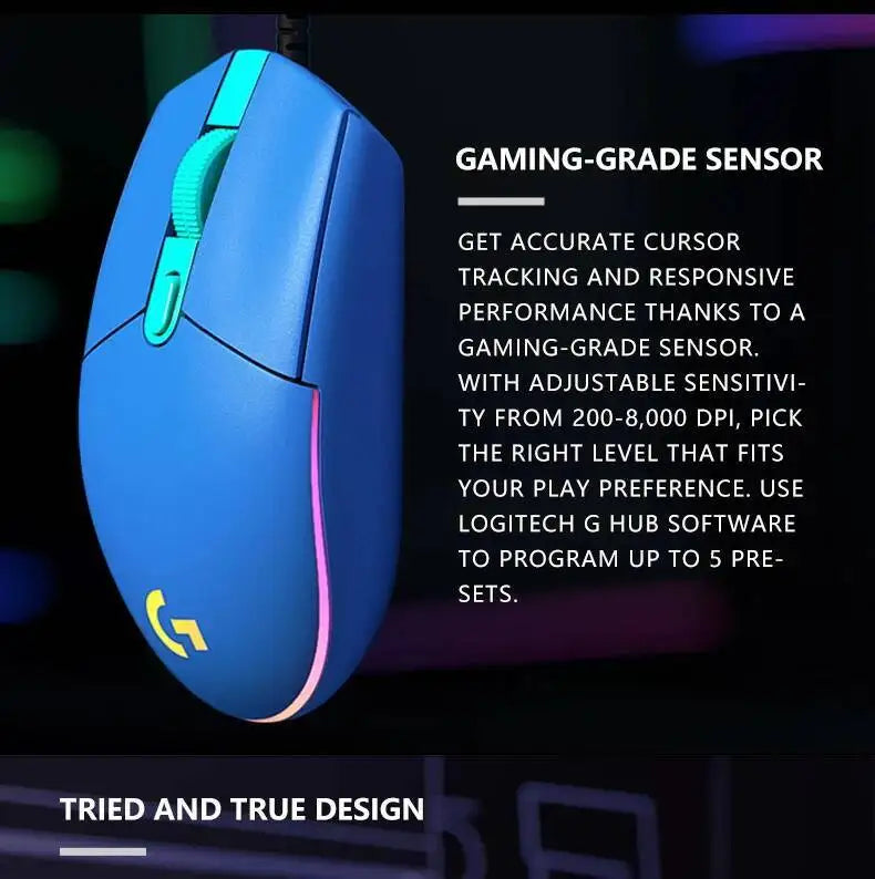 Logitech G203 LIGHTSYNC Mouse Wired 8000 DPI Sensor RGB Sync 6 Buttons Mechanical Tensioning Office-Gaming Dual-Use