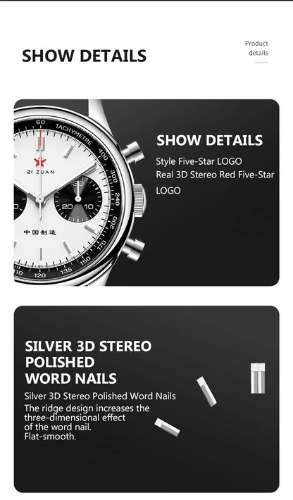 Red Star Panda Mens 1963 Chronograph Mechanical Wristwatch Seagull st1901 Movement Gooseneck 40mm Luminous Sapphire Pilot Watch