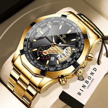 Prabangus „BINBOND“ kvarcinis vyriškas rankinis laikrodis, šviečiantis, atsparus vandeniui, su automatine datos funkcija, pagamintas iš nerūdijančio plieno