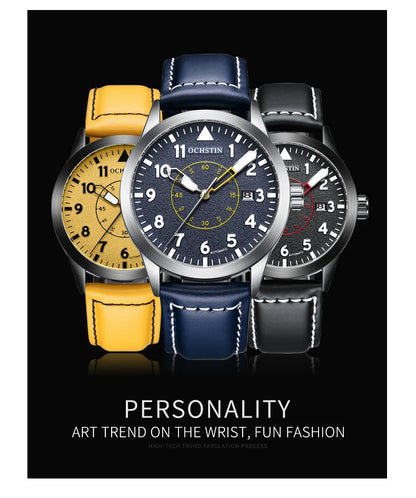 OCHSTIN Mens Fashion Luxury Mechanical Automatic Skeleton Watch Transparent Back Cover Creative Design With Yellow Calendar Dial