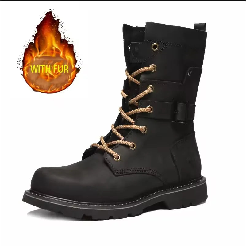 KOWM Cowhide Outdoor Men Hiking Shoes Waterproof Tactical Desert Shoes Hunting Boots Snow Boots Fur Sneakers Women Trekking Shoes