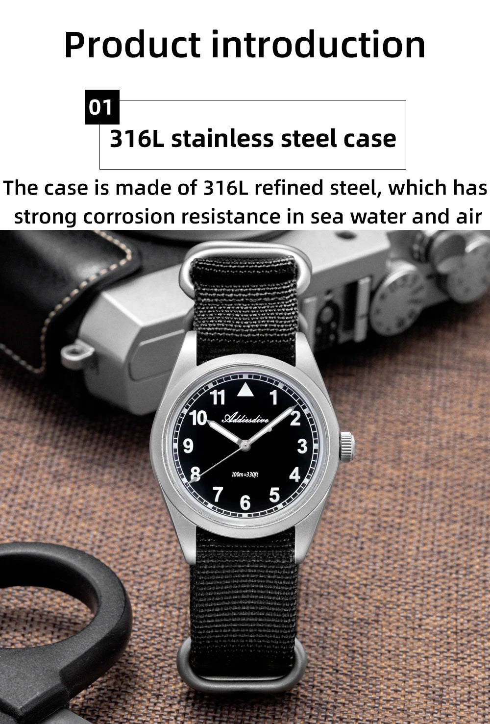 ADDIESDIVE 36mm analoge Herrenuhr mit gewölbtem Spiegelglas, 100m wasserdicht, leuchtend, schlichte Quarzuhr für Herren mit Nylonarmband
