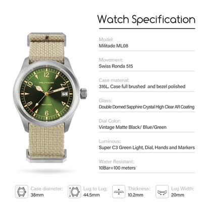 Militado ML08 Men Military Watch Ronda 515 Movement Sapphire Luminous Vintage Watches 10Bar Waterproof Stainless Steel Watch