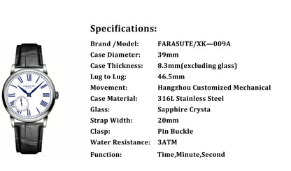 FARASUTE New 39mm Manual Customized Mechanical Movement Watch Men Casual Power Reserve 80 hours Sapphire Wristwatch reloj hombre