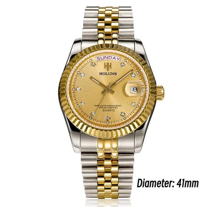 Holuns Luxury Classic 36/41mm Gold Men Watches Japan MIYOTA Quartz Movt Stainless Steel Classic Business Wristwatch Waterproof