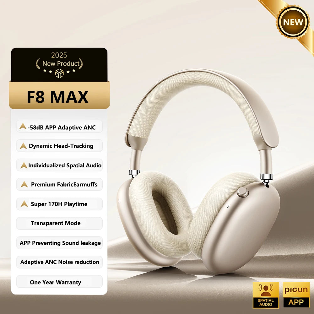 Picun F8MAX ANC kabelloser Kopfhörer, 59dB hybrides aktives Noise Cancelling, Spatial-Audio-Ohrhörer, Bluetooth 6.0, Over-Ear-Headset, 180H