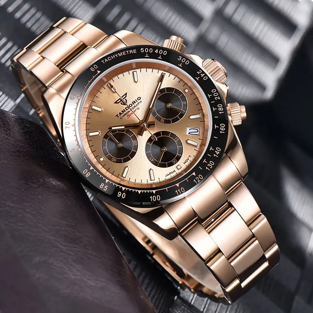 Orologio da uomo Luxury VK63 con movimento al quarzo, cronografo business 39mm in acciaio/oro rosa, datario e quadrante luminoso