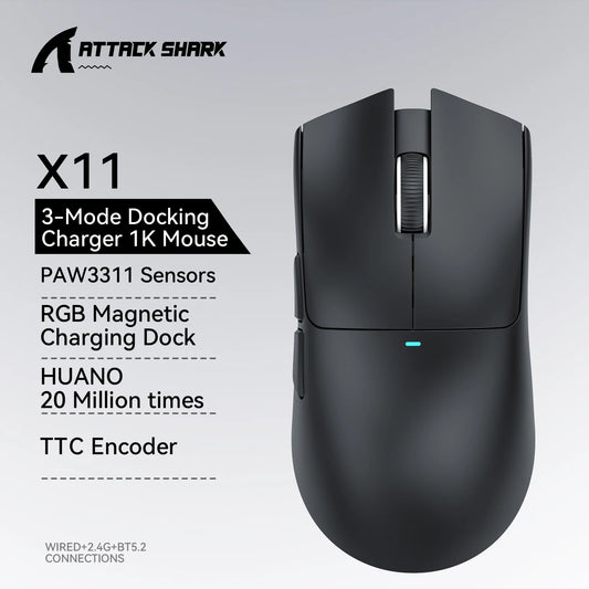 Mouse da gaming ATTACK SHARK X11 e mouse wireless X11 SE 22000 DPI, sensore PAW3311, BT/2.4G/cablato, ultraleggero 59g, 2000W clic