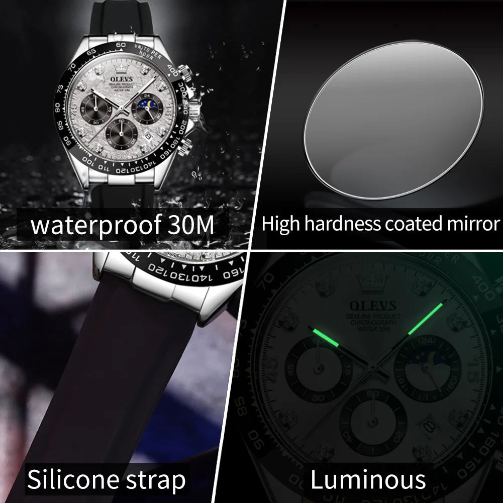 OLEVS 2875 Quartz Watch for Men Original Luxury Brand Silicone Strap Chronograph Auto Date Waterproof Moon Phase Sport Man Watch