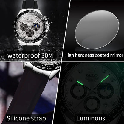 OLEVS 2875 Quartz Watch for Men Original Luxury Brand Silicone Strap Chronograph Auto Date Waterproof Moon Phase Sport Man Watch
