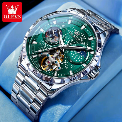 OLEVS Flywheel Skeleton Automatic Watch for Men Luminous Starry Sky Waterproof Business Wristwatch Mechanical Watch