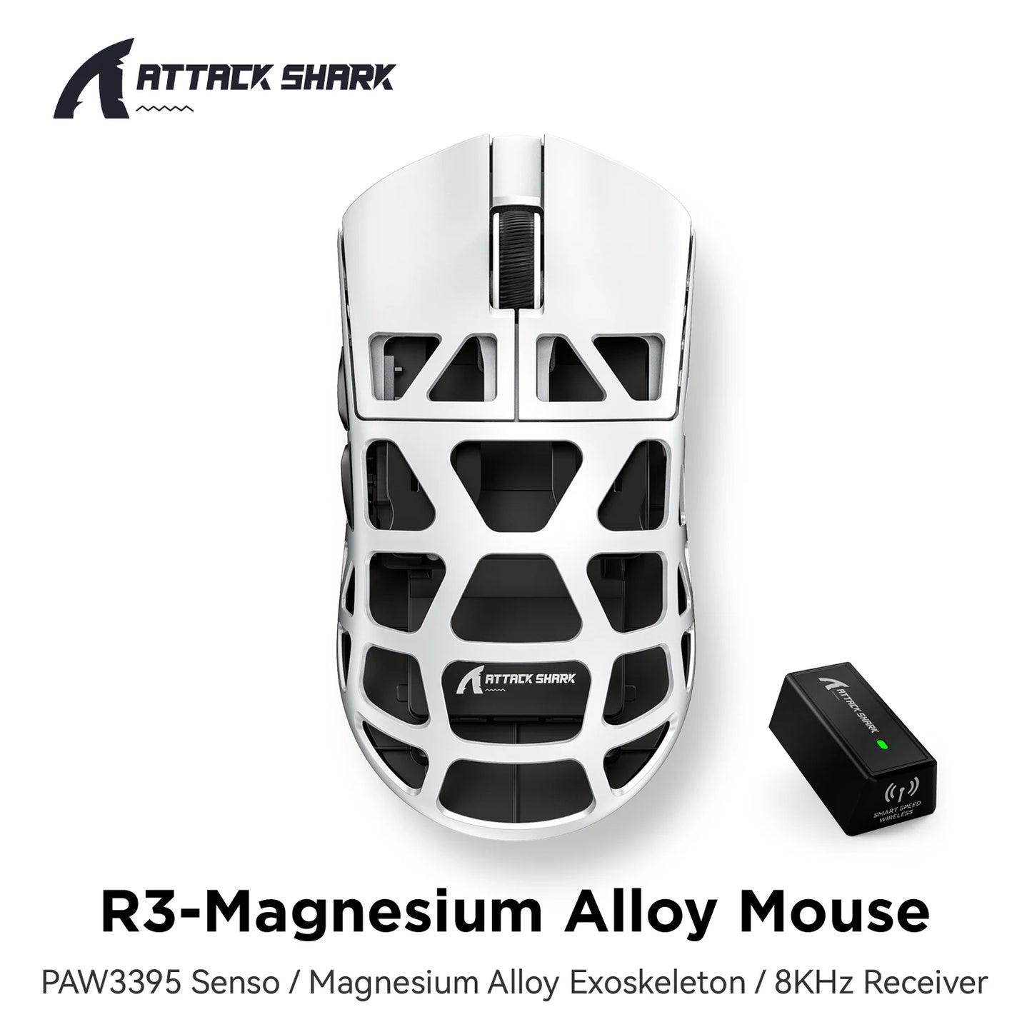 ATTACK SHARK R3 gaming miš od magnezijske legure s honeycomb dizajnom, ultra lagan 8K Hz, PAW3395 senzor, 26000 DPI, ergonomska školjka