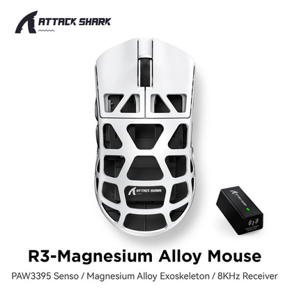 ATTACK SHARK R3 gaming miš od magnezijske legure s honeycomb dizajnom, ultra lagan 8K Hz, PAW3395 senzor, 26000 DPI, ergonomska školjka