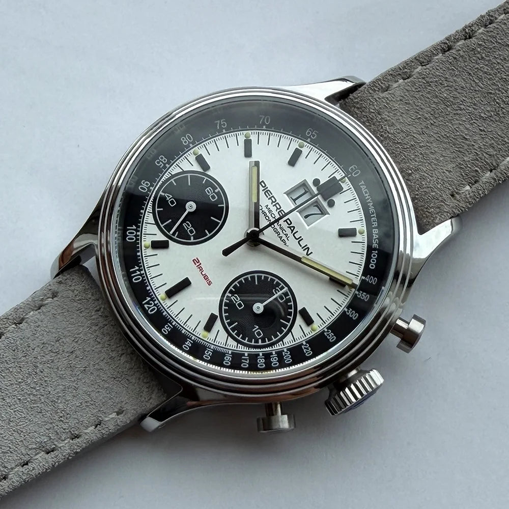 New PIERRE PAULIN Big Date Retro 70's Vintage Panda Style Chronograph Mechanical Men's Complicated 38MM Luxury Sapphire Wrist