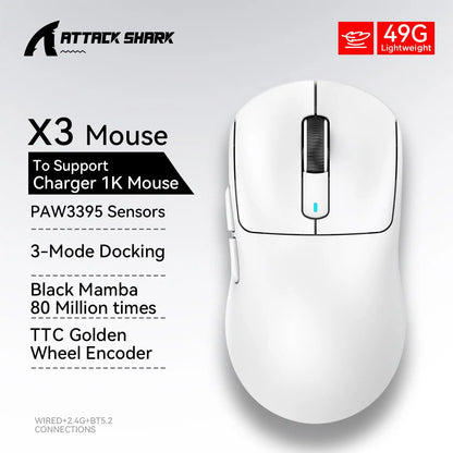 Mouse Gaming Wireless X3 ATTACK SHARK colore rosso, polling rate 4K, connessione Bluetooth tri-mode, PAW3395, mouse gaming Bluetooth con macro