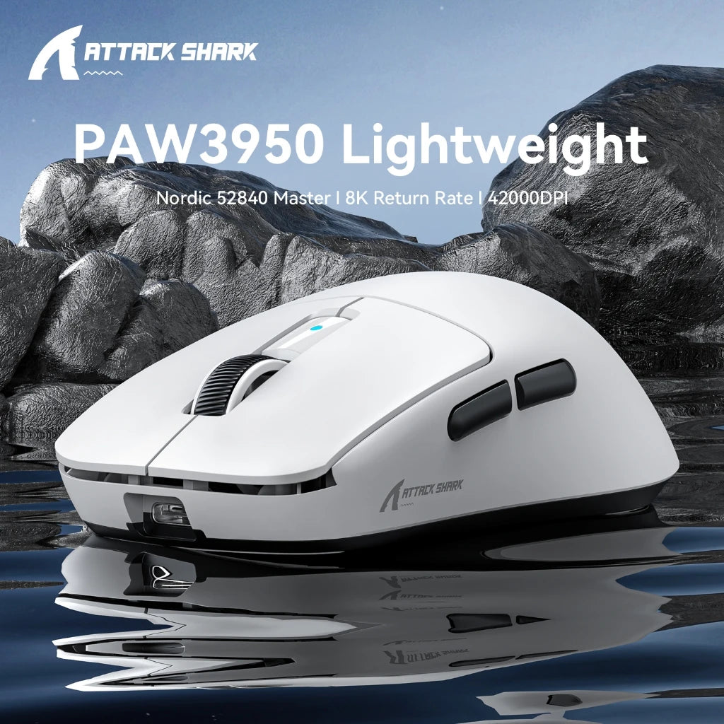 Mouse gaming Attack Shark R6 ultra leggero 38g, wireless PAW3950 con frequenza di polling 8K, Nordic 52840, 24000DPI, tri-mode