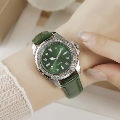 Ladies Luxury Diamond Branded Quartz Watch Fashion 2025 New Simple Green Leather Women's Dress Clock Watch DDP