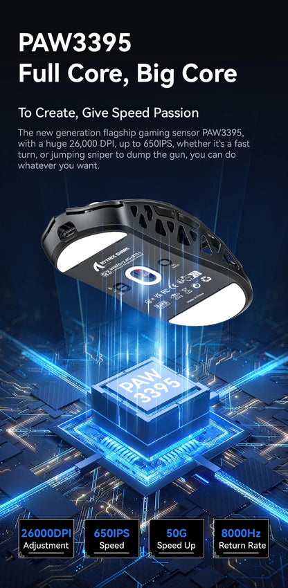 ATTACK SHARK R3 gaming miš od magnezijske legure s honeycomb dizajnom, ultra lagan 8K Hz, PAW3395 senzor, 26000 DPI, ergonomska školjka