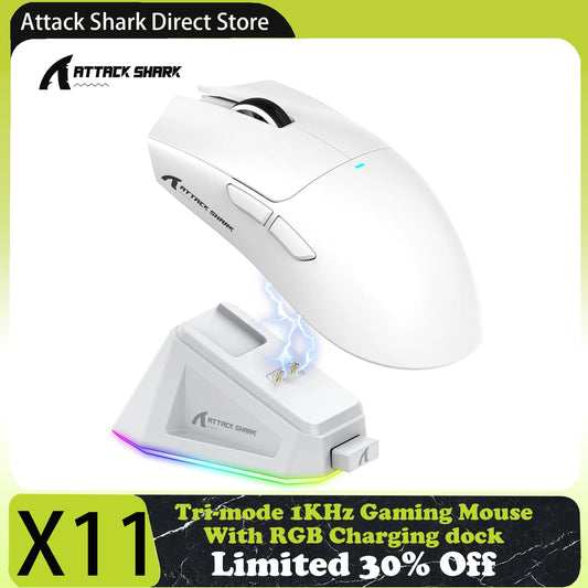 Attack Shark X11 Tri-Mode Gaming Mouse with Magnetic Charging Dock, 22,000 DPI PixArt PAW3311 Wireless Gaming Mouse, Bluetooth, 2.4GHz & Wired RGB Gaming Mouse for PC & Mac
