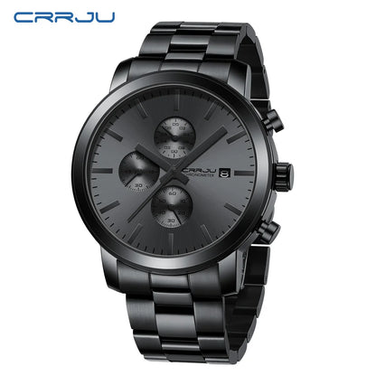 Relógio para homem CRRJU – Cronógrafo em aço inoxidável, estanque, com indicador de data, movimento analógico de quartzo, estilo elegante e profissional