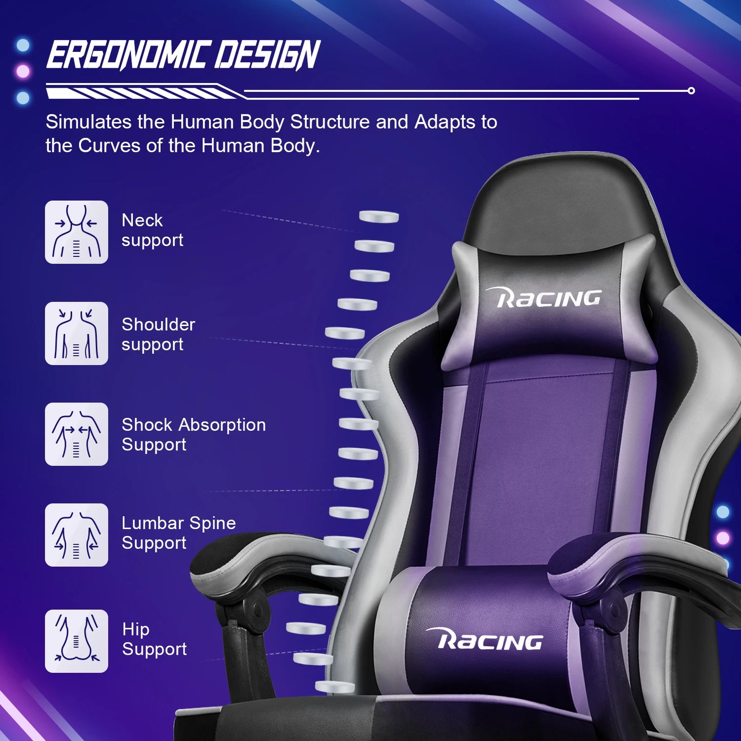 AUTHMIC Ergonomic Gaming Chair with 170° Reclining Backrest, Foldable Footrest, Soft Armrests, Supports150kg,Breathable Material
