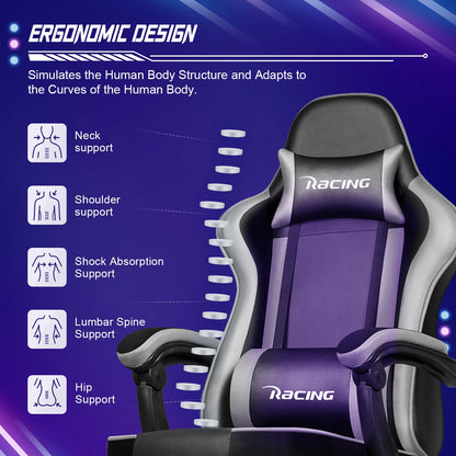 AUTHMIC Ergonomic Gaming Chair with 170° Reclining Backrest, Foldable Footrest, Soft Armrests, Supports150kg,Breathable Material