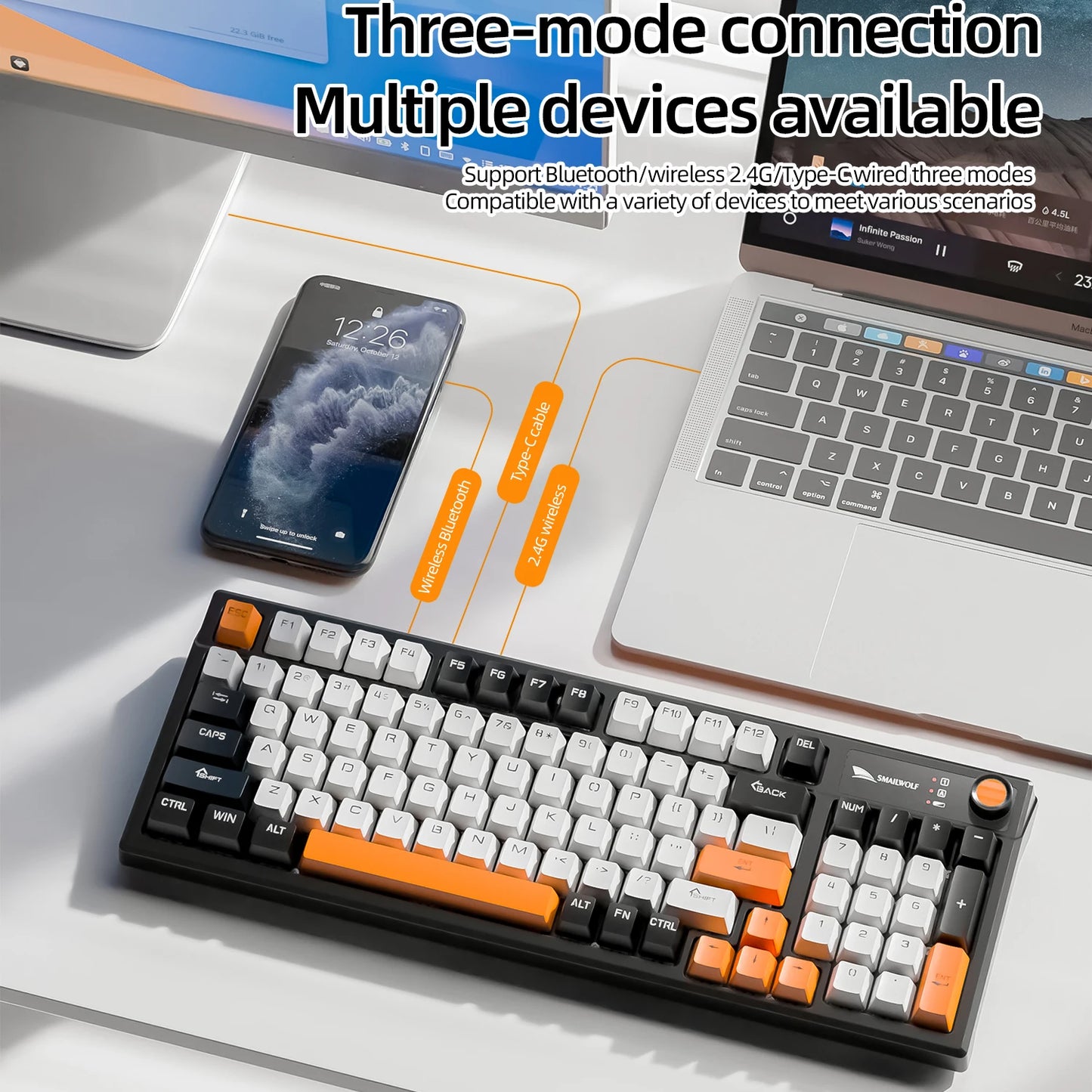 SMAILWOLF MK95 Bluetooth 무선 한국어 맞춤형 기계식 키보드 e-스포츠 3 모드 노트북 오피스 게임 풀 키 핫 스왑 가능 RGB 조명 효과