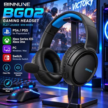 Casque de jeu filaire supra-auriculaire BINNUNE BG02 avec micro pour PS4 PS5 Xbox Series X | Casque stéréo premium pour Xbox One, PC, Switch et Pro