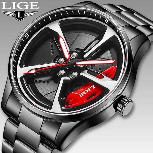 LIGE New Sport 3d Car Wheel Rim Hub Watch Fashionable Rotating Dial Stainless Steel Strap Waterproof Quartz Watches reloj hombre
