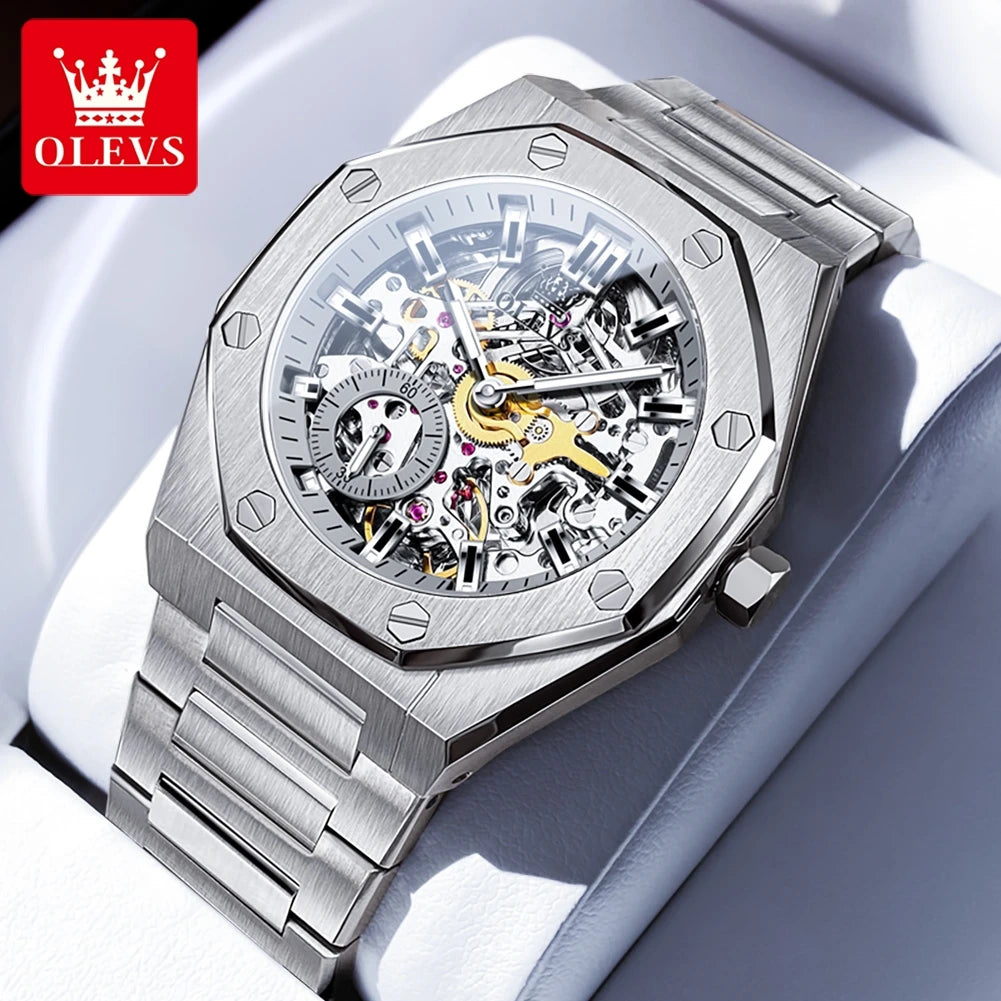OLEVS Watches Luxury Man High Quality Original Fully Skeleton Automatic Mechanical Watch Stainless Steel Men Watches Gifts Box