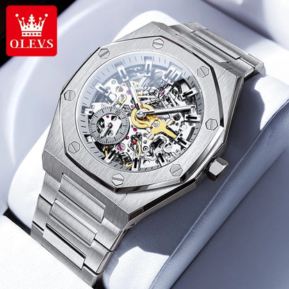 OLEVS Watches Luxury Man High Quality Original Fully Skeleton Automatic Mechanical Watch Stainless Steel Men Watches Gifts Box