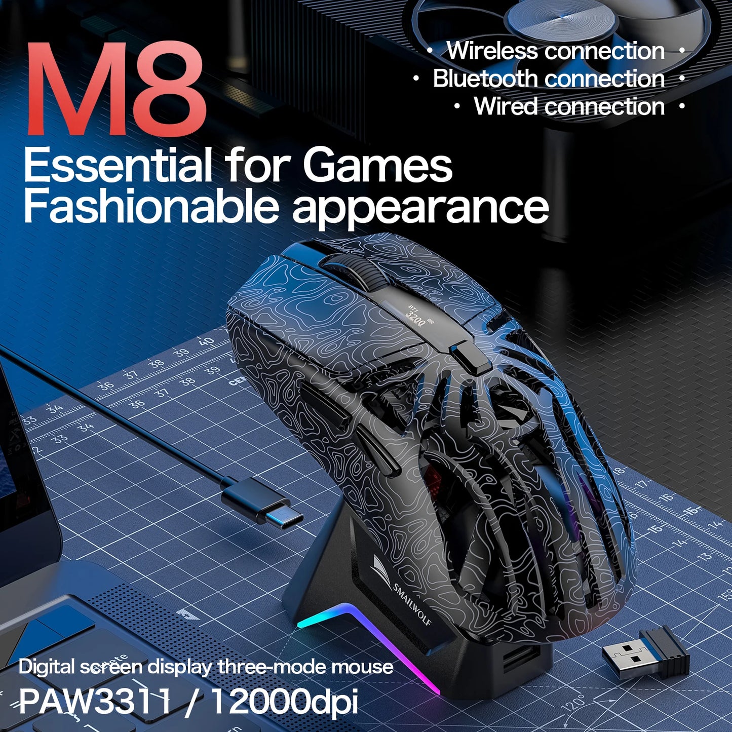 SMAILWOLF M8 Wireless Bluetooth Tri-Mode Mouse Lightweight PAW3311 Gaming RGB Magnetic Charging 12000dpi Gaming Mouse